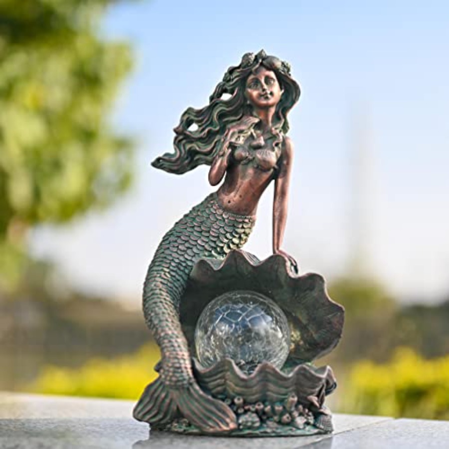 Mermaid Garden Statues with So - مراجعة Outdoor Lighting Bronze وسعره